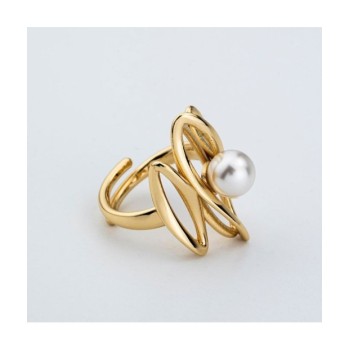 Anello contrarié placcato oro giallo con perla su profilo a foglia e petali stilizzati lateriali Mod.XAN230D [63f09451]