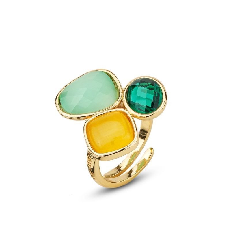 Anello placcato oro giallo a tre cristalli giallo, smeraldo e acquamarina Mod.XAN219D [aa068bef]