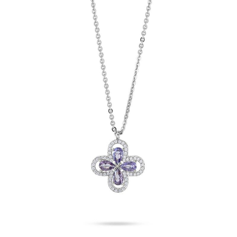 Collana girocollo con quadrifoglio pendente definito da zirconi e fiore centrale ametista Mod.XGR751V [1752f42e]