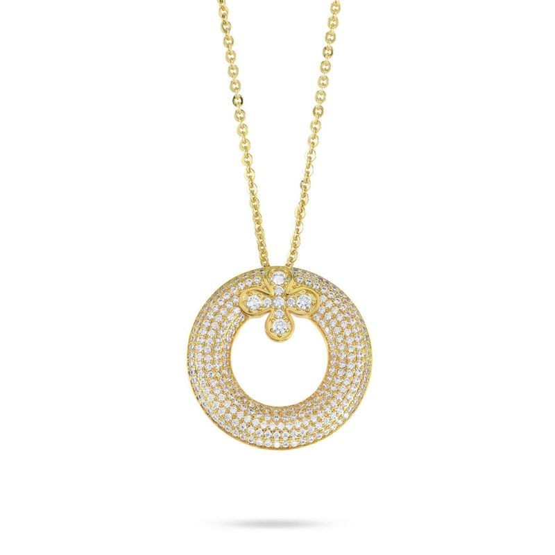 Collana girocollo placcato oro giallo con pendente circolare in pavè di zirconi e fiore incastonato al centro Mod.XG [db155790]