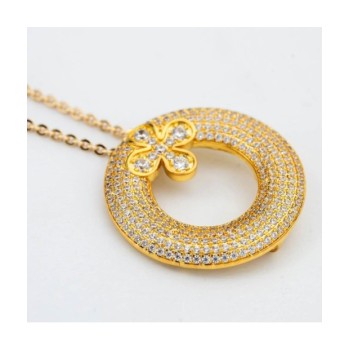 Collana girocollo placcato oro giallo con pendente circolare in pavè di zirconi e fiore incastonato al centro Mod.XG [b52ed599]