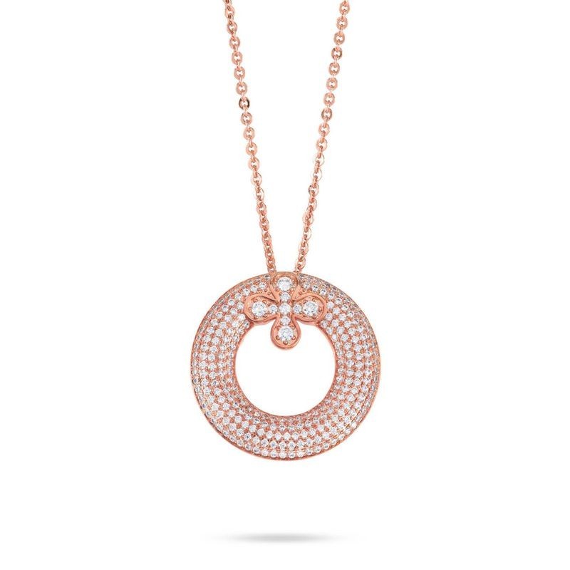 Collana girocollo placcato oro rosa con pendente circolare in pavè di zirconi e fiore incastonato al centro Mod.XGR7 [d7793e18]