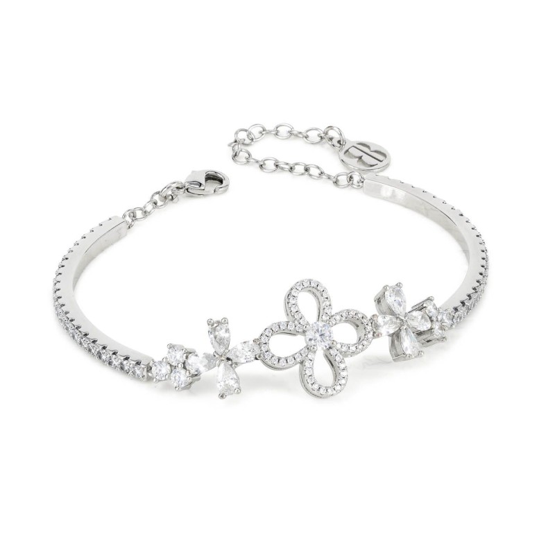 Bracciale semi rigido con motivo floreale centrale definito da un doppio fiore di zirconi e fiore centrale crystal Mod.XB1049