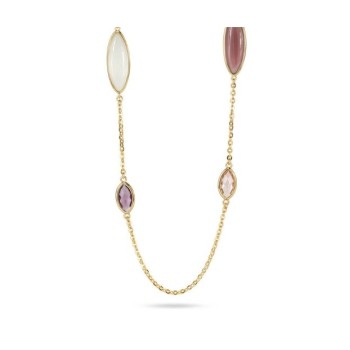 Collana placcata oro giallo con cristalli white, ametista e peach, con profili a forma di foglia con effetto torchon  [f4f33212]