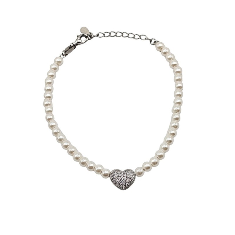 bracciale perle con cuore e zirconi in argento 925 mod. B0637 [e091de32]