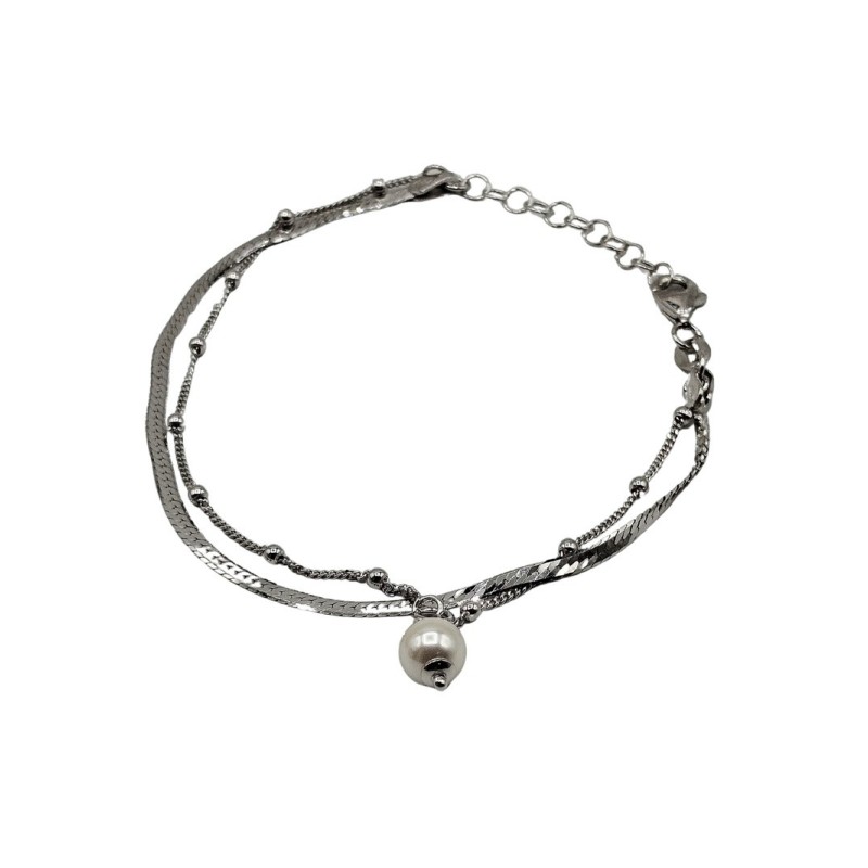 bracciale in argento maglia fettuccina 2 fili con perla mod. ncbr1238 [ffb2711a]