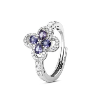 Anello con motivo floreale definito da zirconi e fiore centrale ametista mod. xan224v [fb71d573]