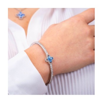 Bracciale rigido con motivo floreale definito da zirconi e fiore centrale acquamarina mod. xb1048a [989e5e78]