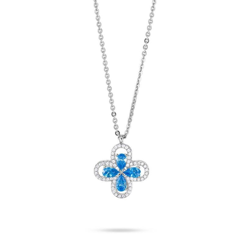 Collana girocollo con quadrifoglio pendente definito da zirconi e fiore centrale acquamarina mod. xgr751a [f2dd7536]
