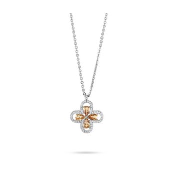 Collana girocollo con quadrifoglio pendente definito da zirconi e fiore centrale peach mod. xgr751t [190b452d]