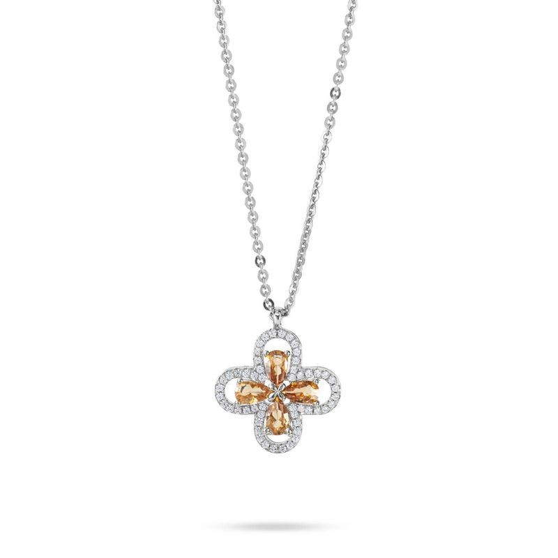 Collana girocollo con quadrifoglio pendente definito da zirconi e fiore centrale peach mod. xgr751t [190b452d]