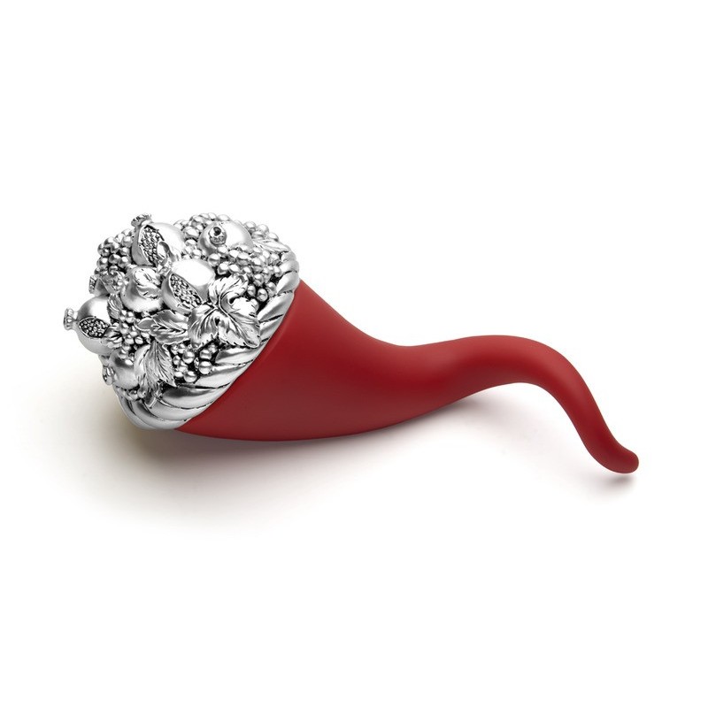 Cornucopia portafortuna Valenti rossa con testa decorativa argentata lunga 15 cm [2c8d9bf1]
