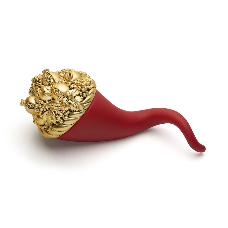 Cornucopia portafortuna Valenti rossa con testa decorativa dorata lunga 20 cm [1e461bcd]