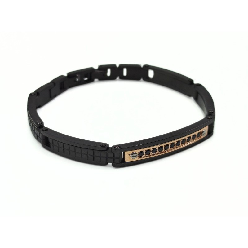 BR. ACCIAIO NERO CON TARGA ROSATA E ZIRCONI MOD. BRU02121 [a0eade06]