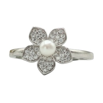 anello fiore con zirconi e perla mod. R1768 [c5258df2]