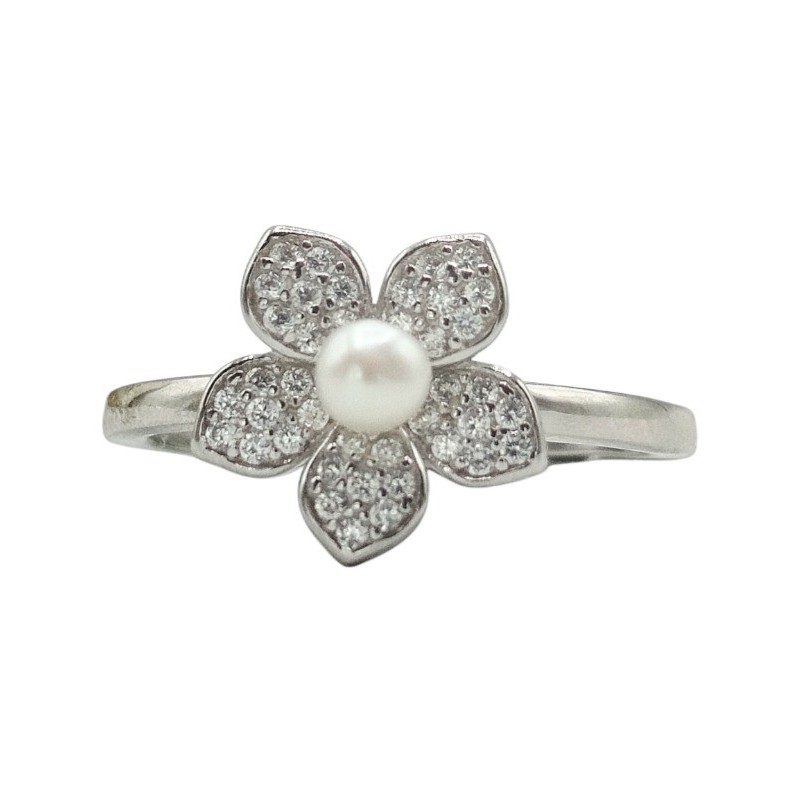 anello fiore con zirconi e perla mod. R1768 [c5258df2]